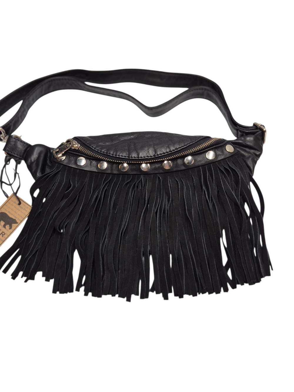 New Depeche Denmark Fringe Leather Crossbody Belt Bag Black Moto Biker